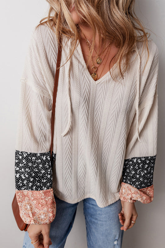 Patchwork Textured Knit Drawstring Blouse