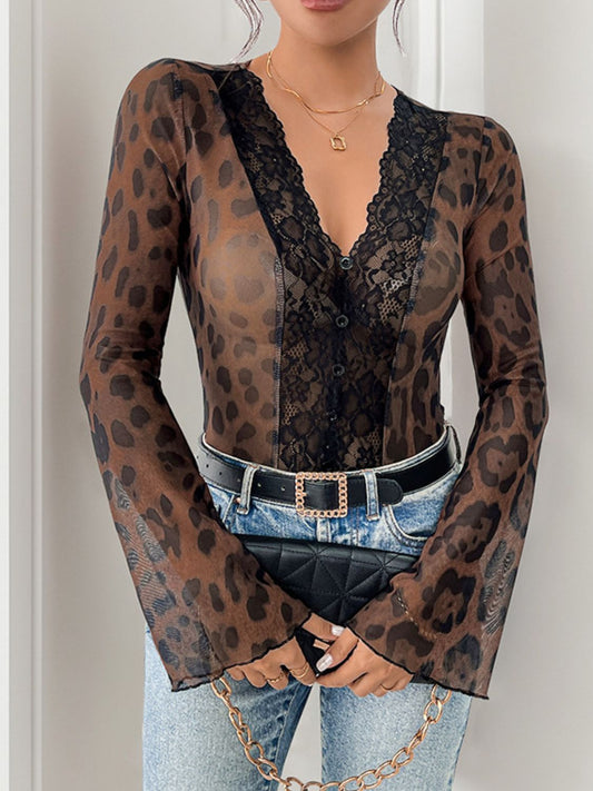 Leopard V-Neck Lace Bodysuit