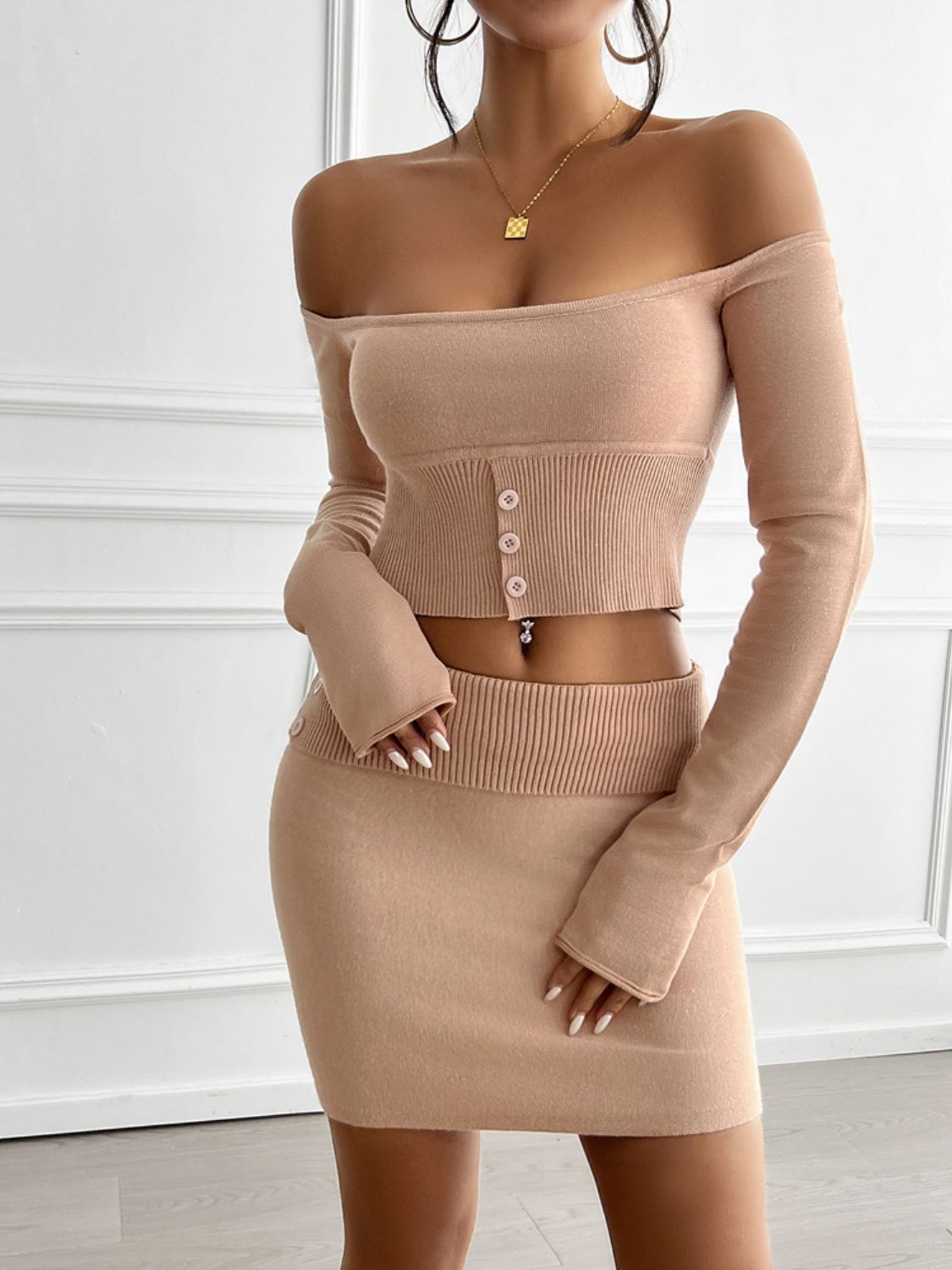 Off-Shoulder Top & Skirt Sweater Set