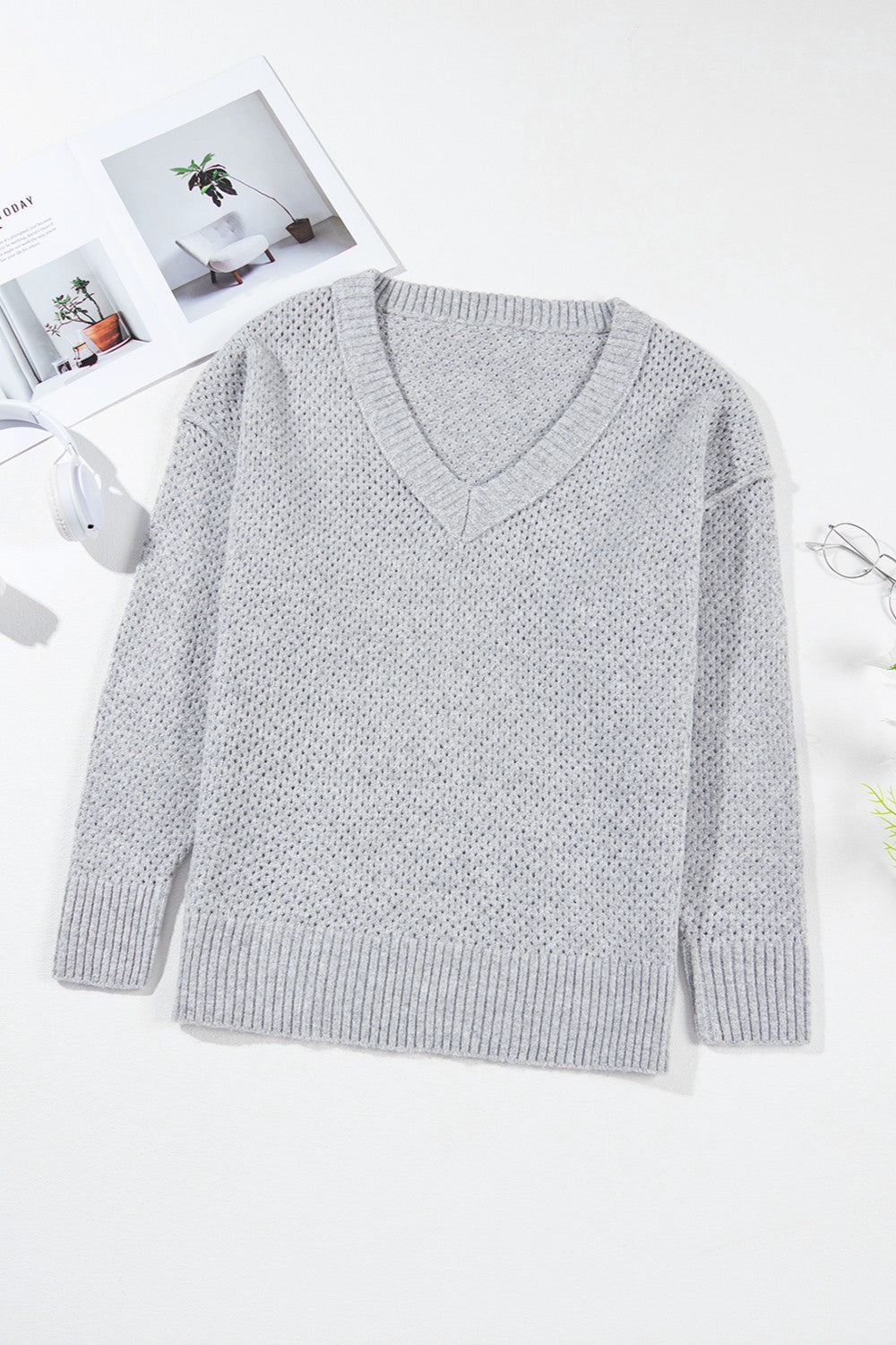 Openwork V-Neck Sweater