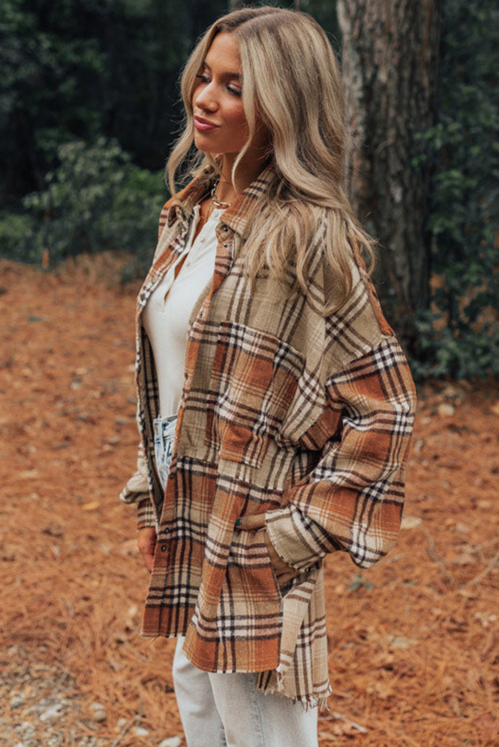 Khaki Plaid High Low Shacket