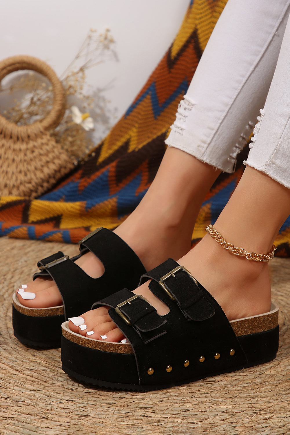 Black Suede Buckle Platform Sandals