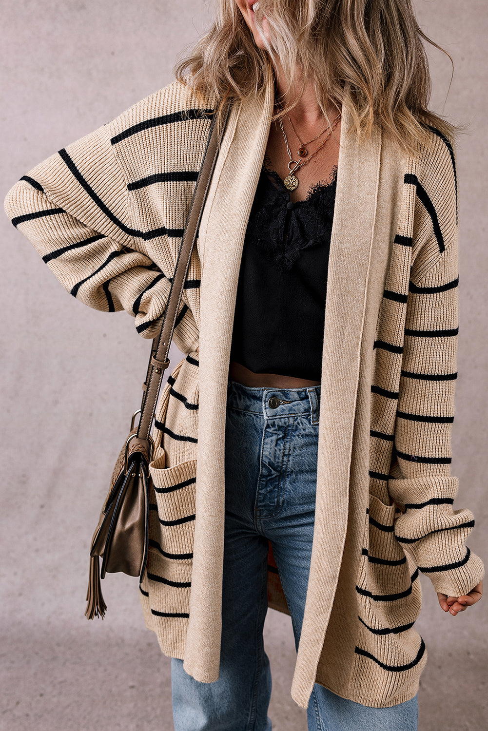 Stripe Shawl Cardigan with Pockets