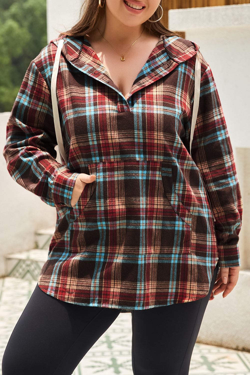 Plus Size Plaid Drawstring Hoodie