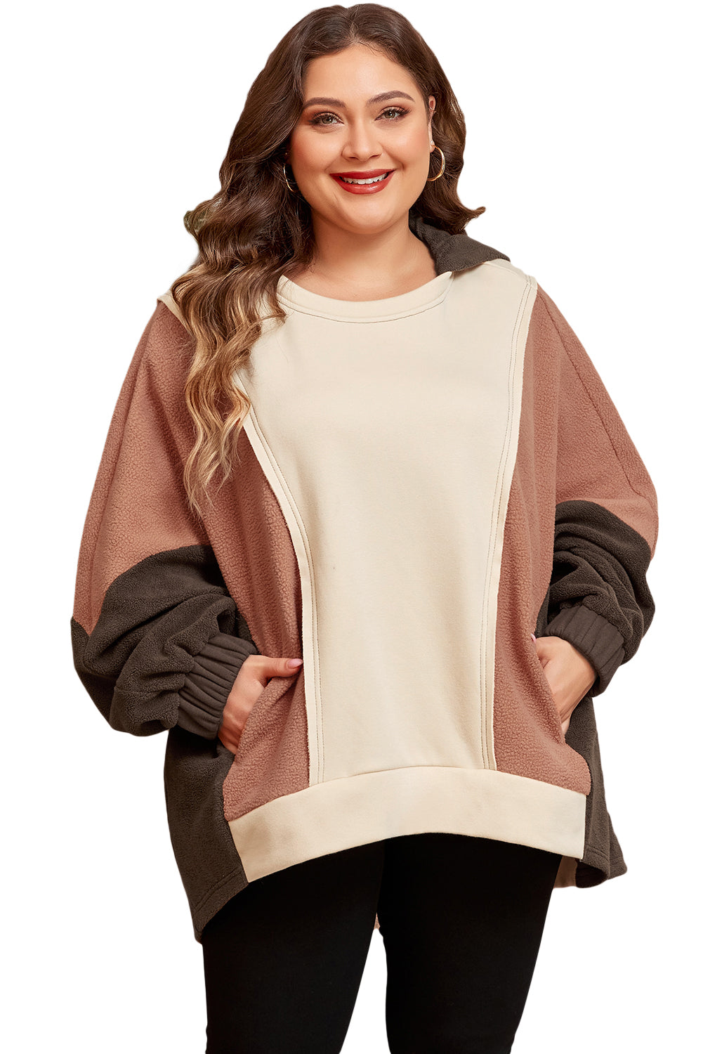 Plus Size Brown Colorblock Hoodie