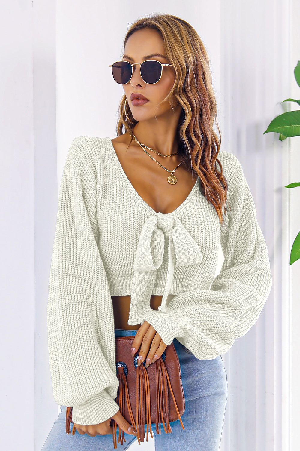 Bow V-Neck Cropped Sweater