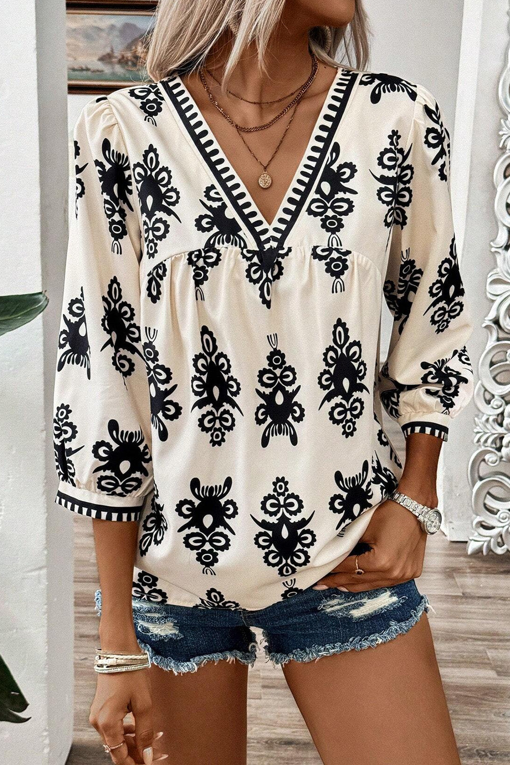 Geometric Printed 3/4 Sleeve Blouse