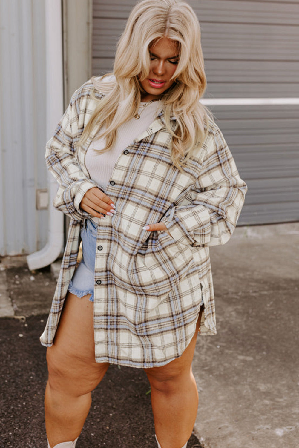 Plus Size Plaid Tunic Shacket with Slits