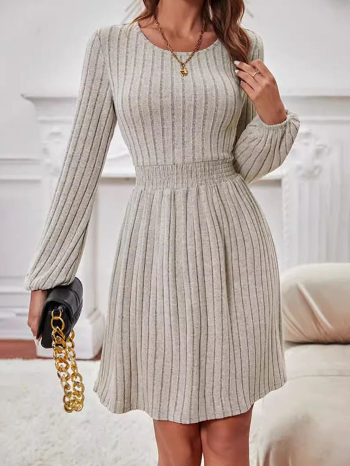 Smocked Long Sleeve Midi Dress