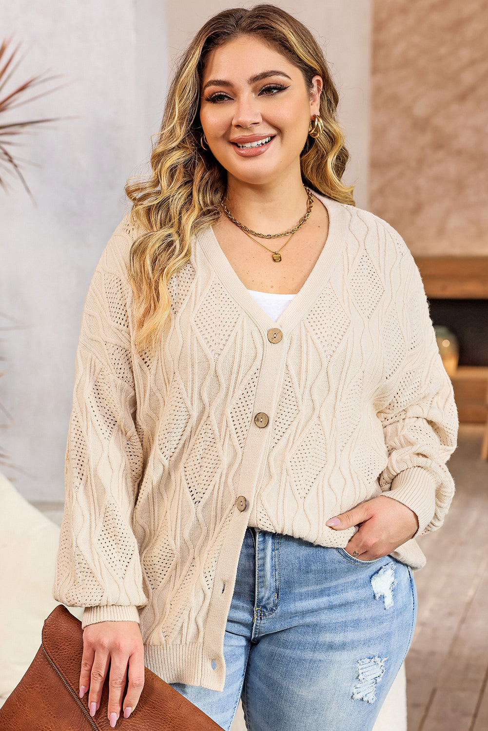 Plus Size Knitted Button Up Cardigan