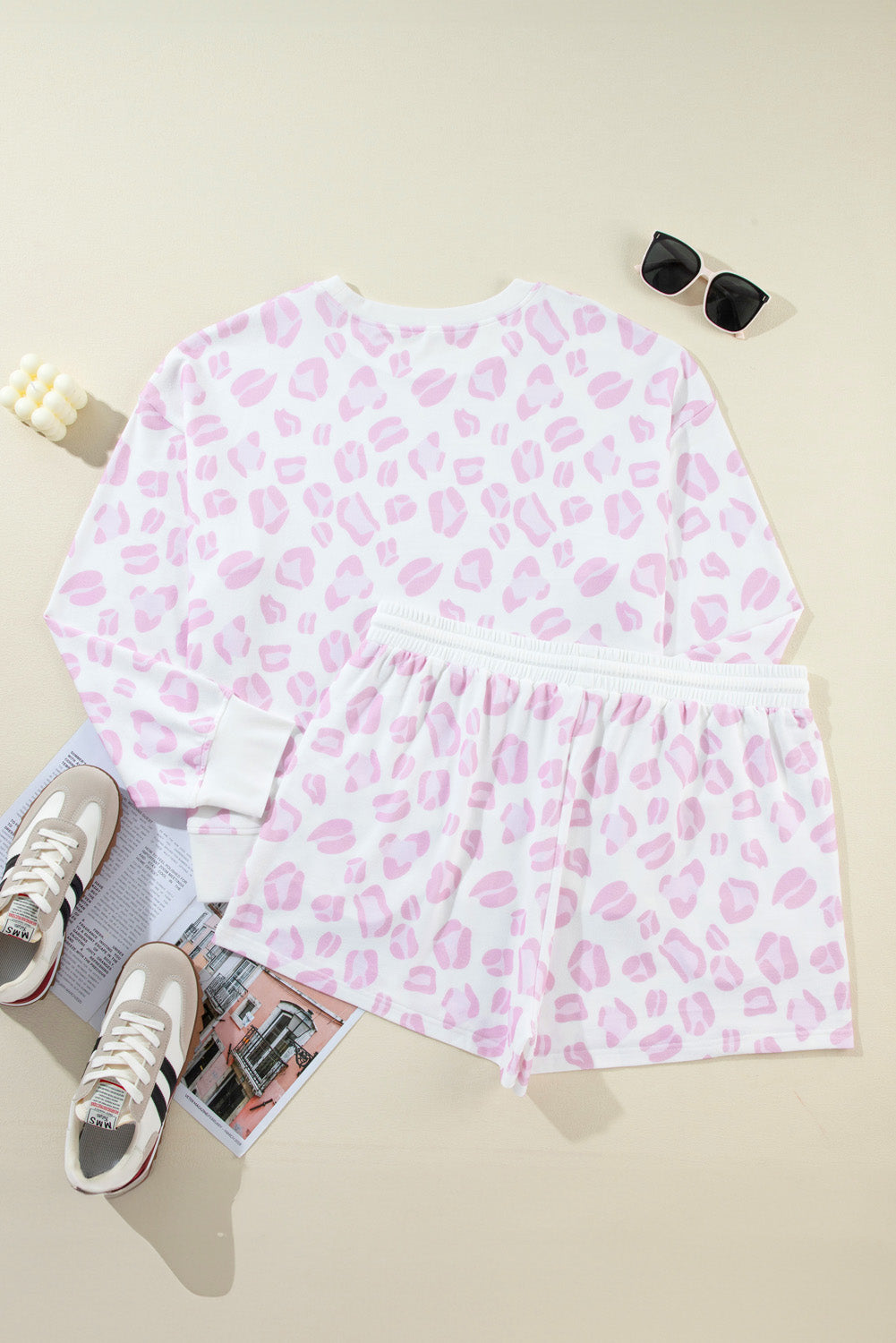 Plus Size Pink Leopard Long Sleeve Top & Shorts Set