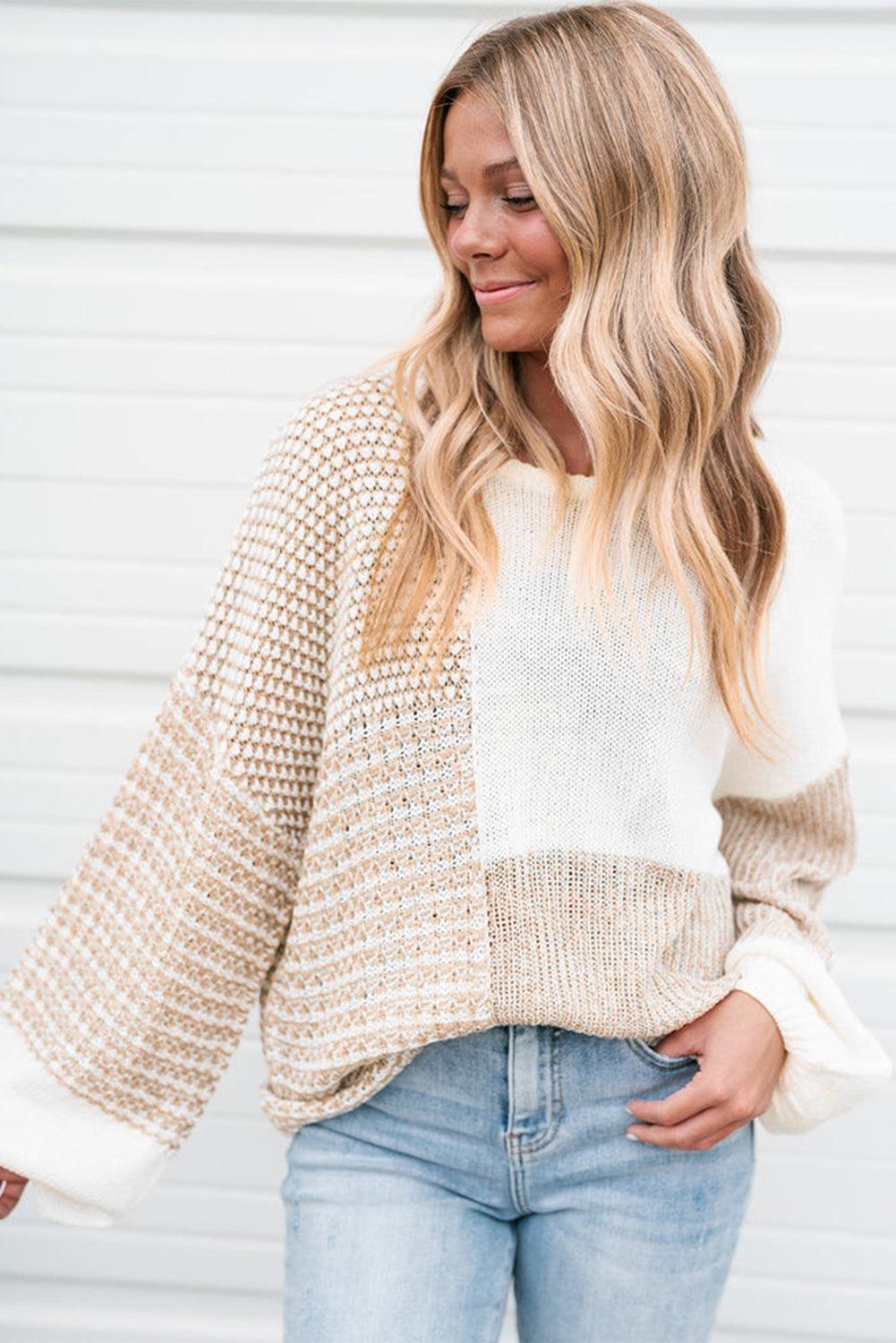 Mixed Pattern Knit Tie Sweater