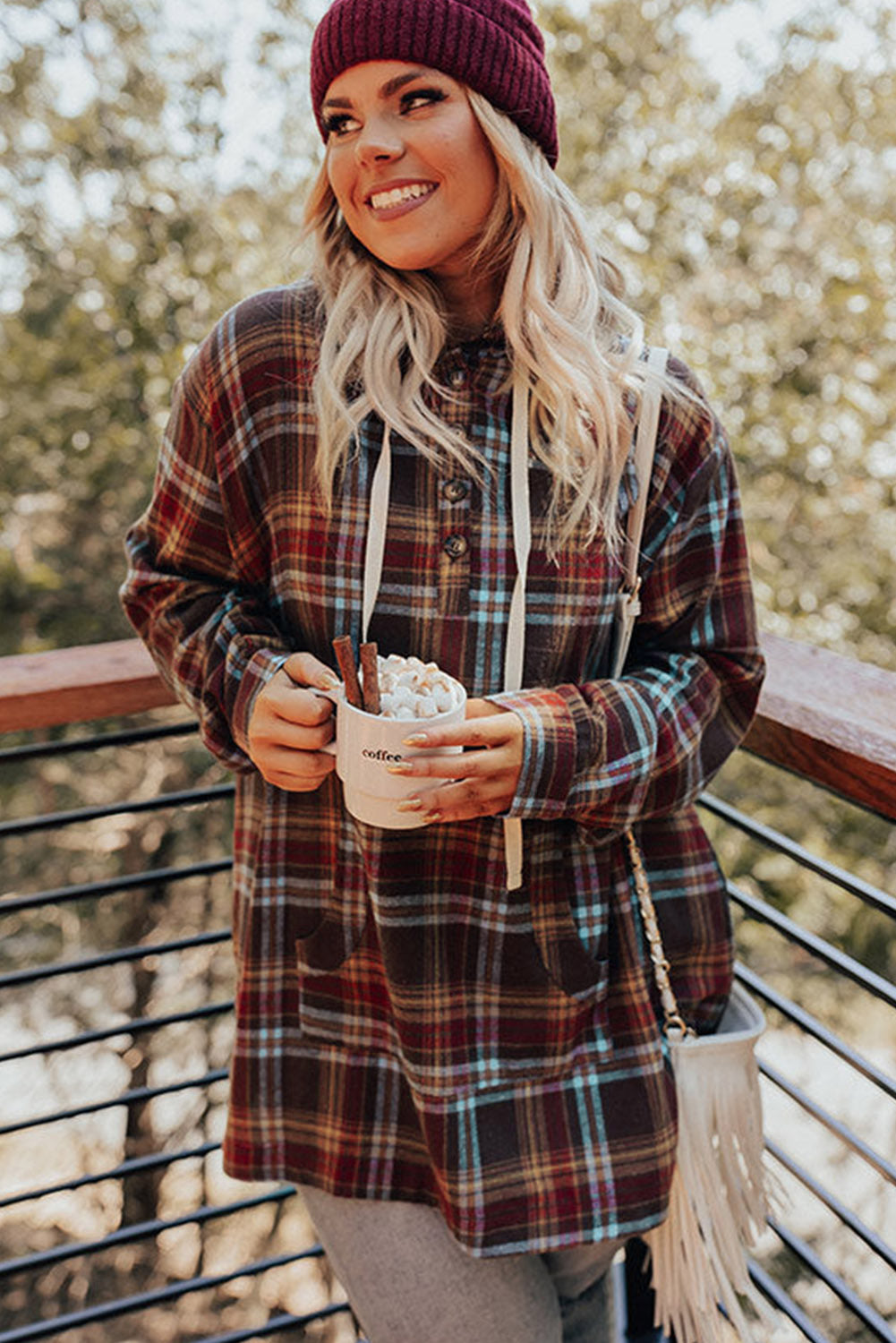 Plus Size Plaid Drawstring Hoodie