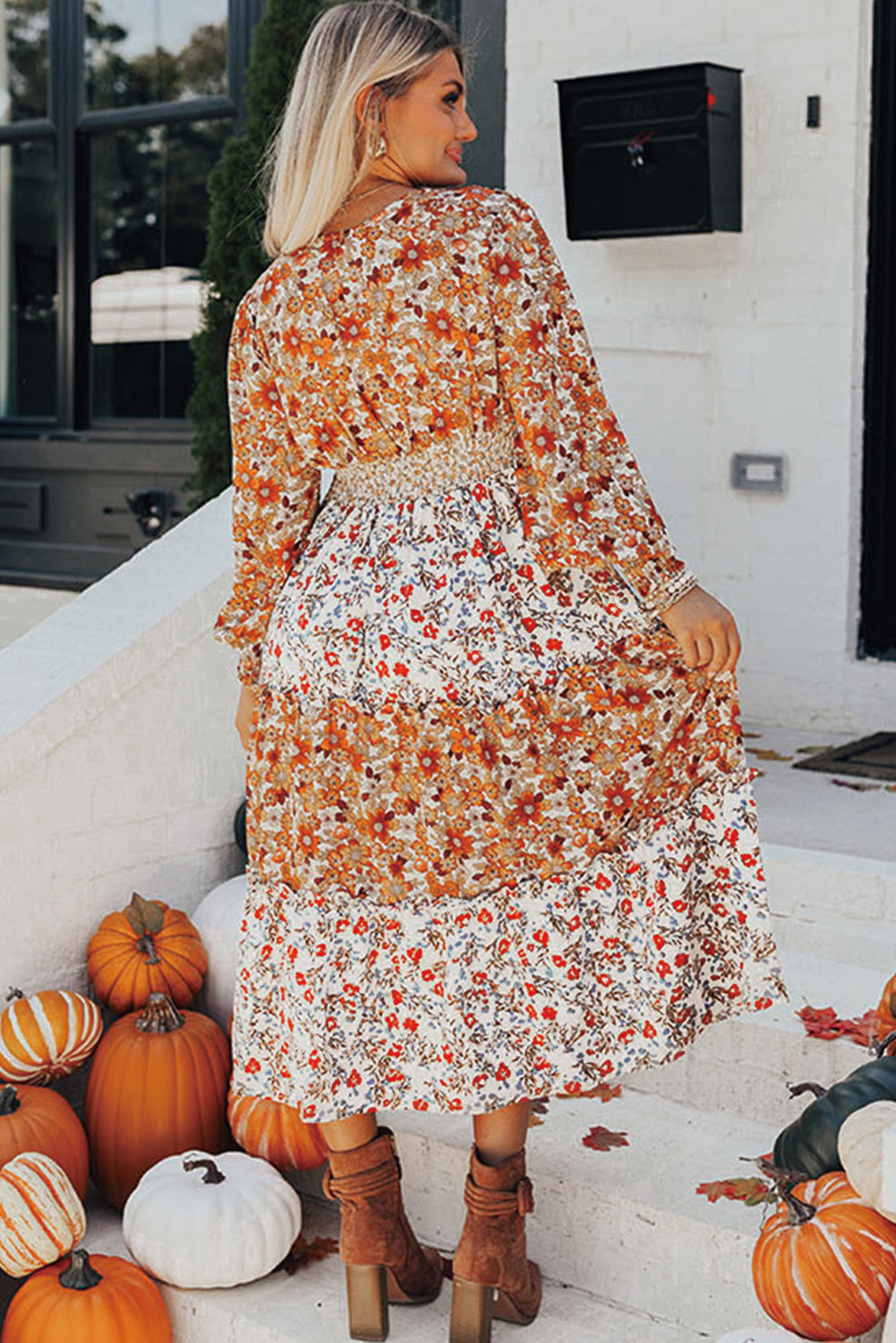 Floral Ruffled Tiered Long Sleeve Midi Dress