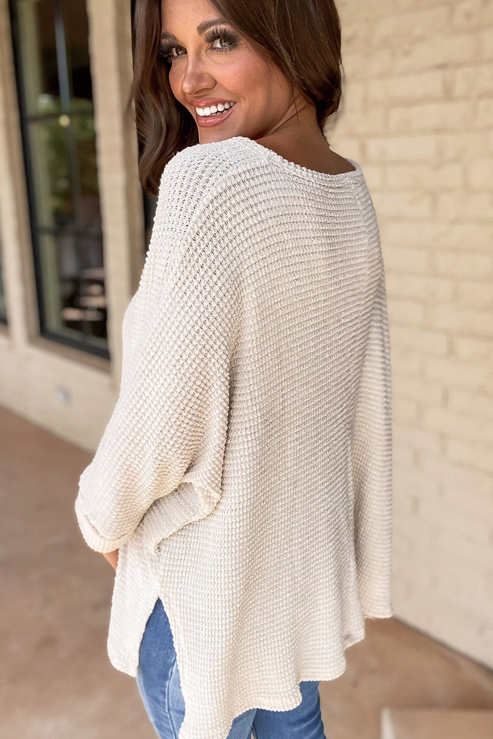 Waffle Knit Slits Loose Fit Top