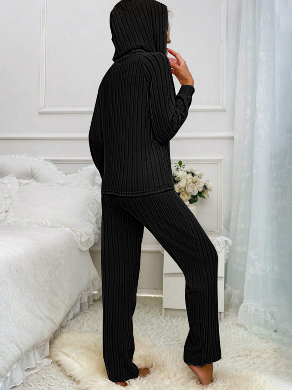 Half-Button Hooded Top & Ribbed Pants Set