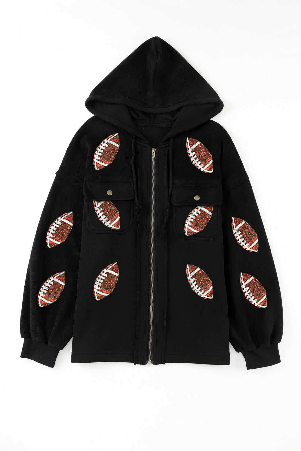 Black Sequined Football Hooded Jacket