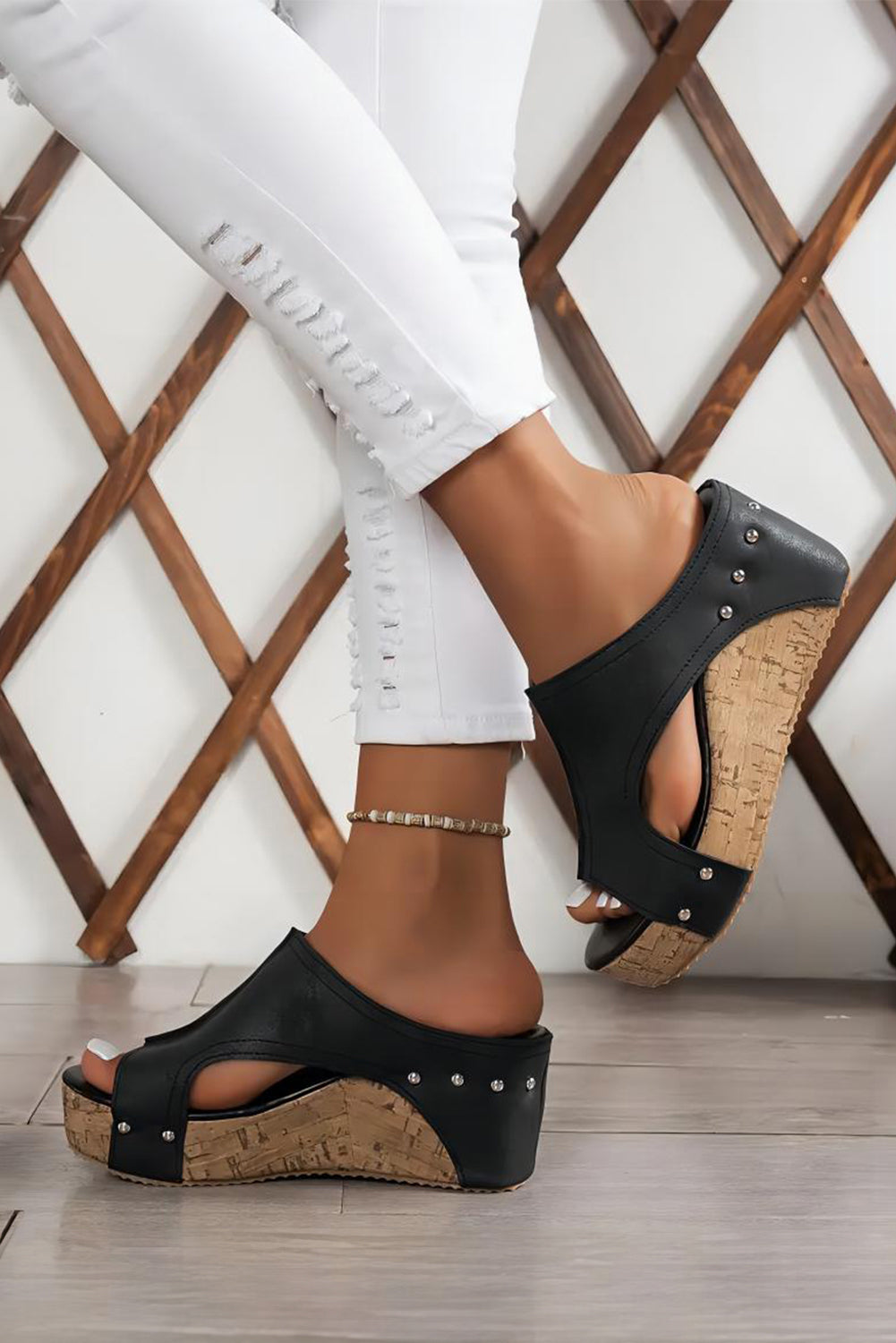 Hollow Out Leather Wedge Sandals