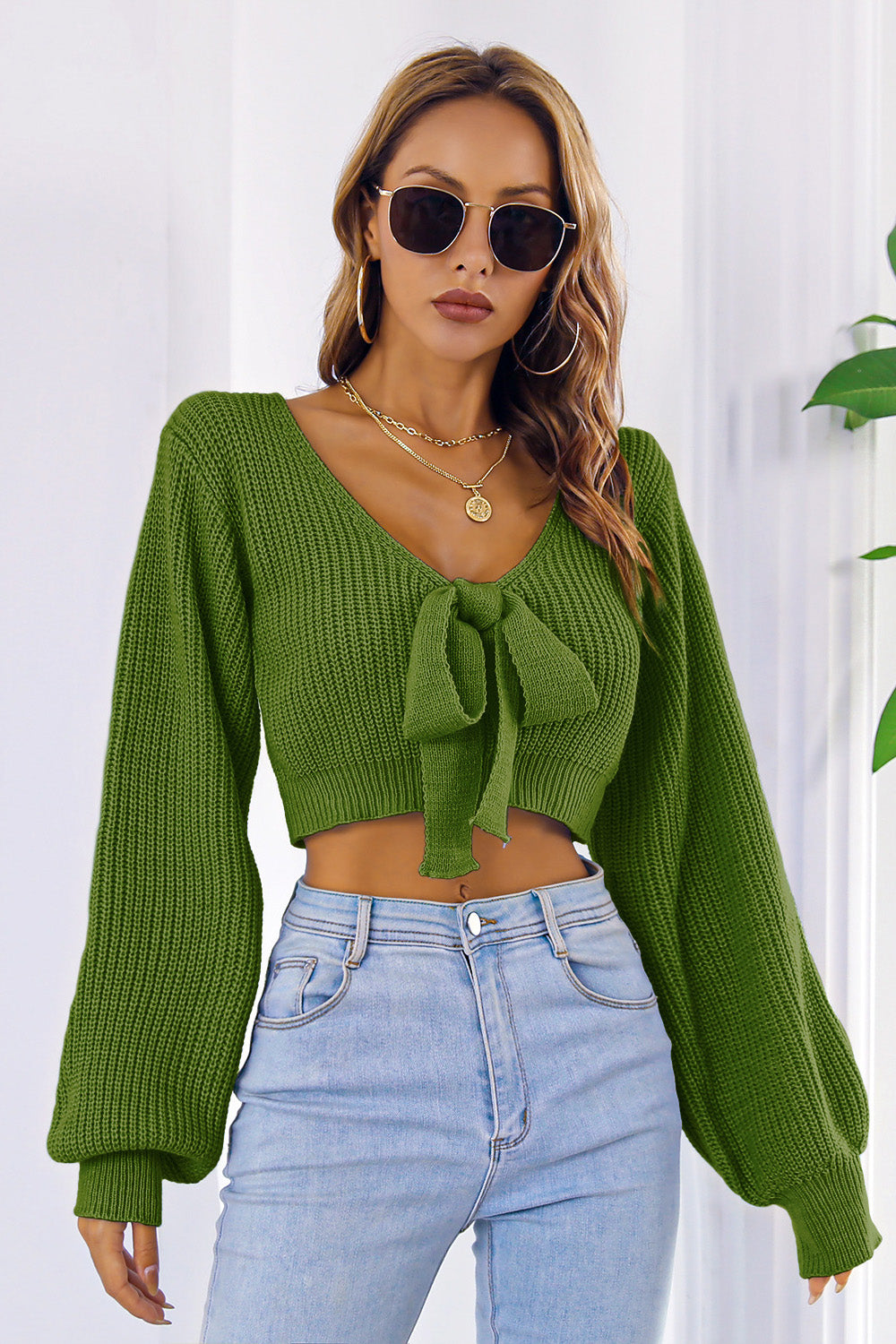 Bow V-Neck Cropped Sweater