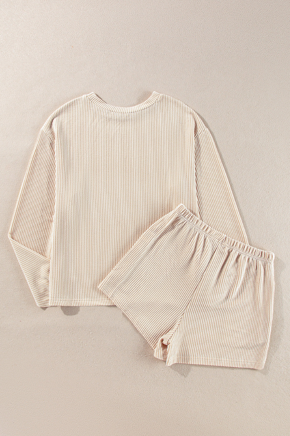 Neutral Knit Long Sleeve Top & High Waist Shorts Set