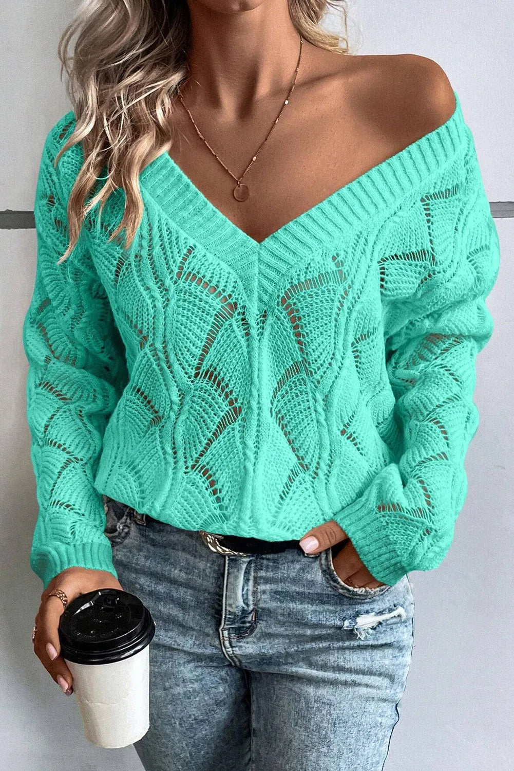 Openwork V-Neck Sweater