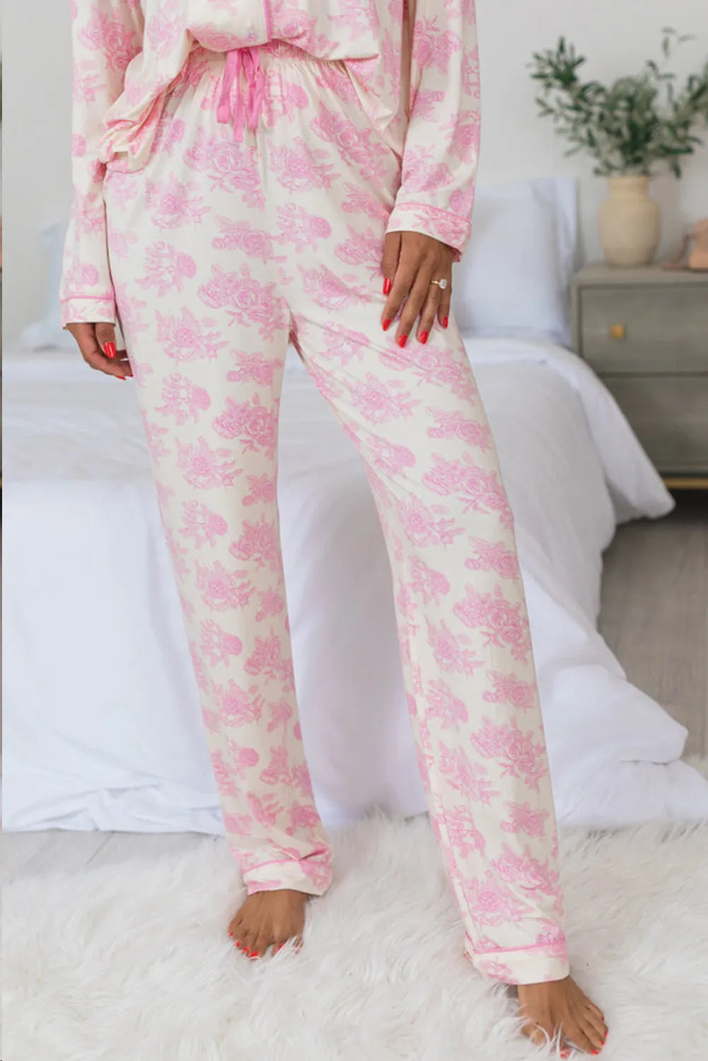 Printed Button-Up Top & Pants Pajama Set