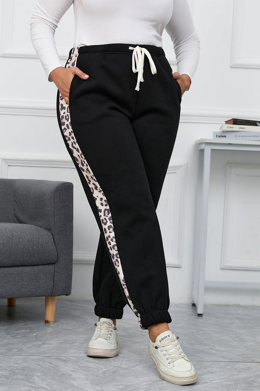 Plus Size Leopard Panel Joggers