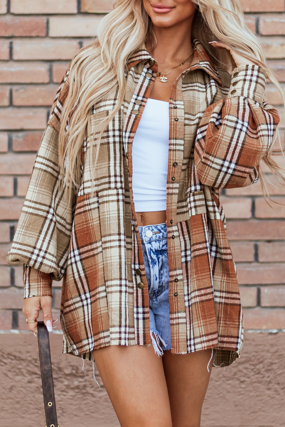 Khaki Plaid High Low Shacket