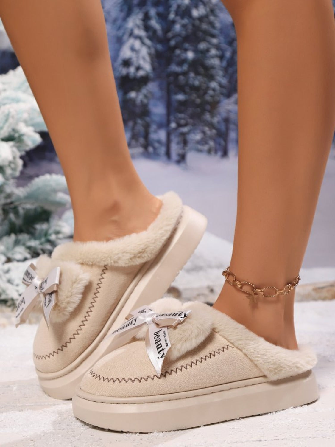 Bow Suede Platform Slippers