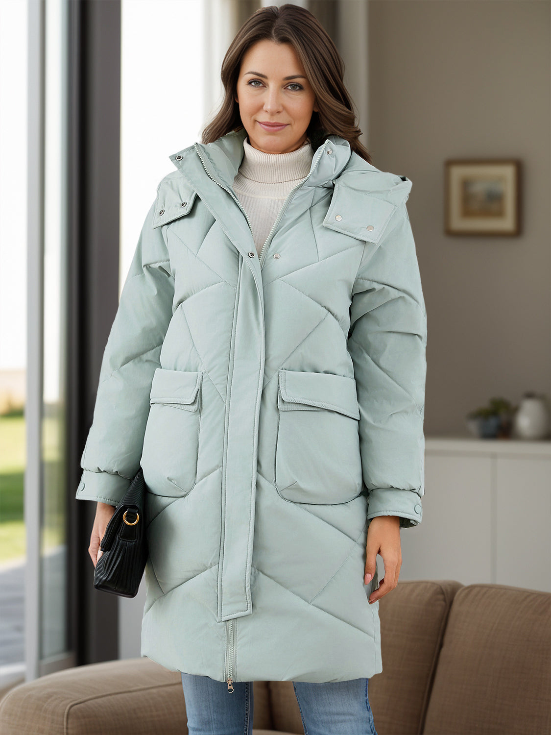 Longline Hooded Winter Coat with Pockets