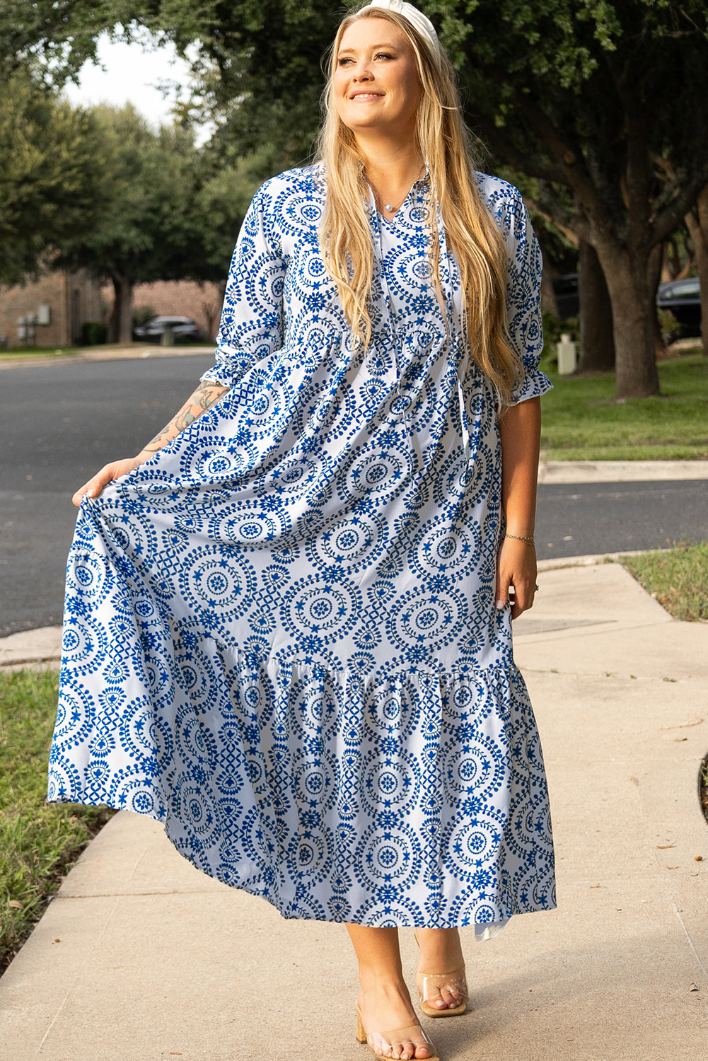 Plus Size Geometric Lace-up Maxi Dress