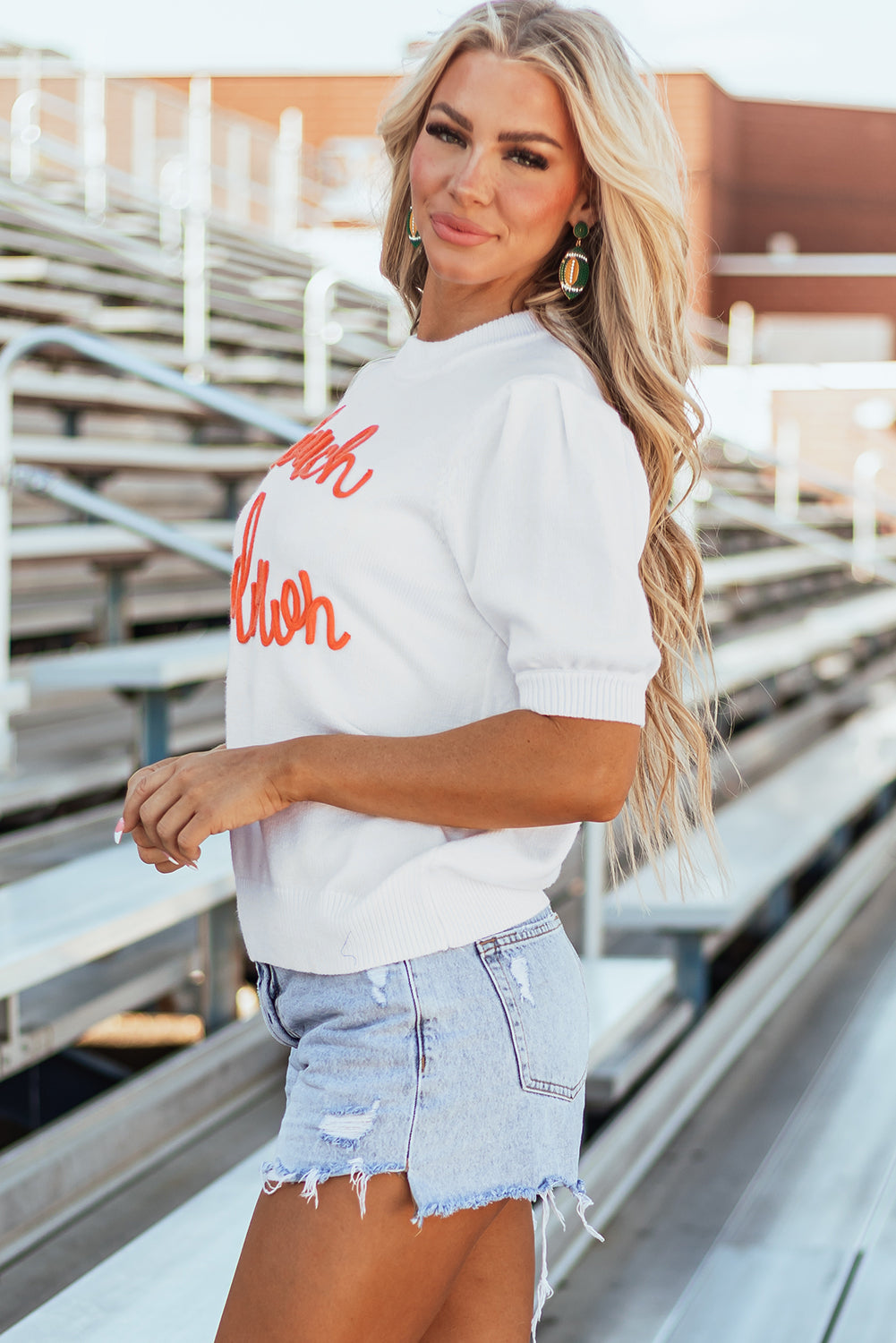 White Touchdown Tinsel Puff Sleeve Sweater