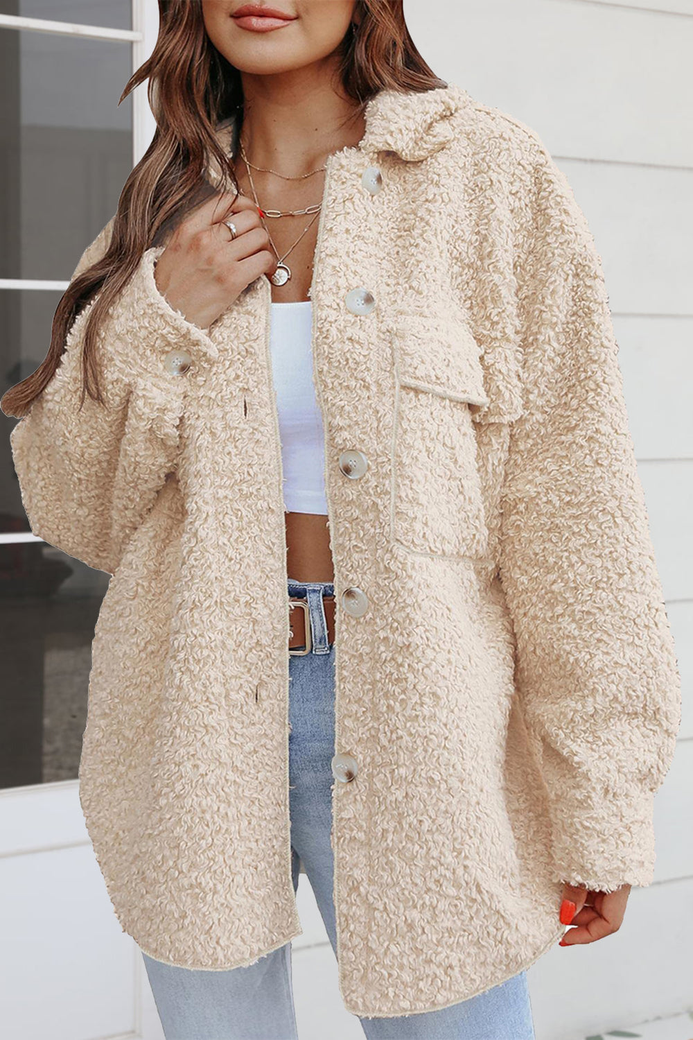 Fuzzy Collared Button Coat