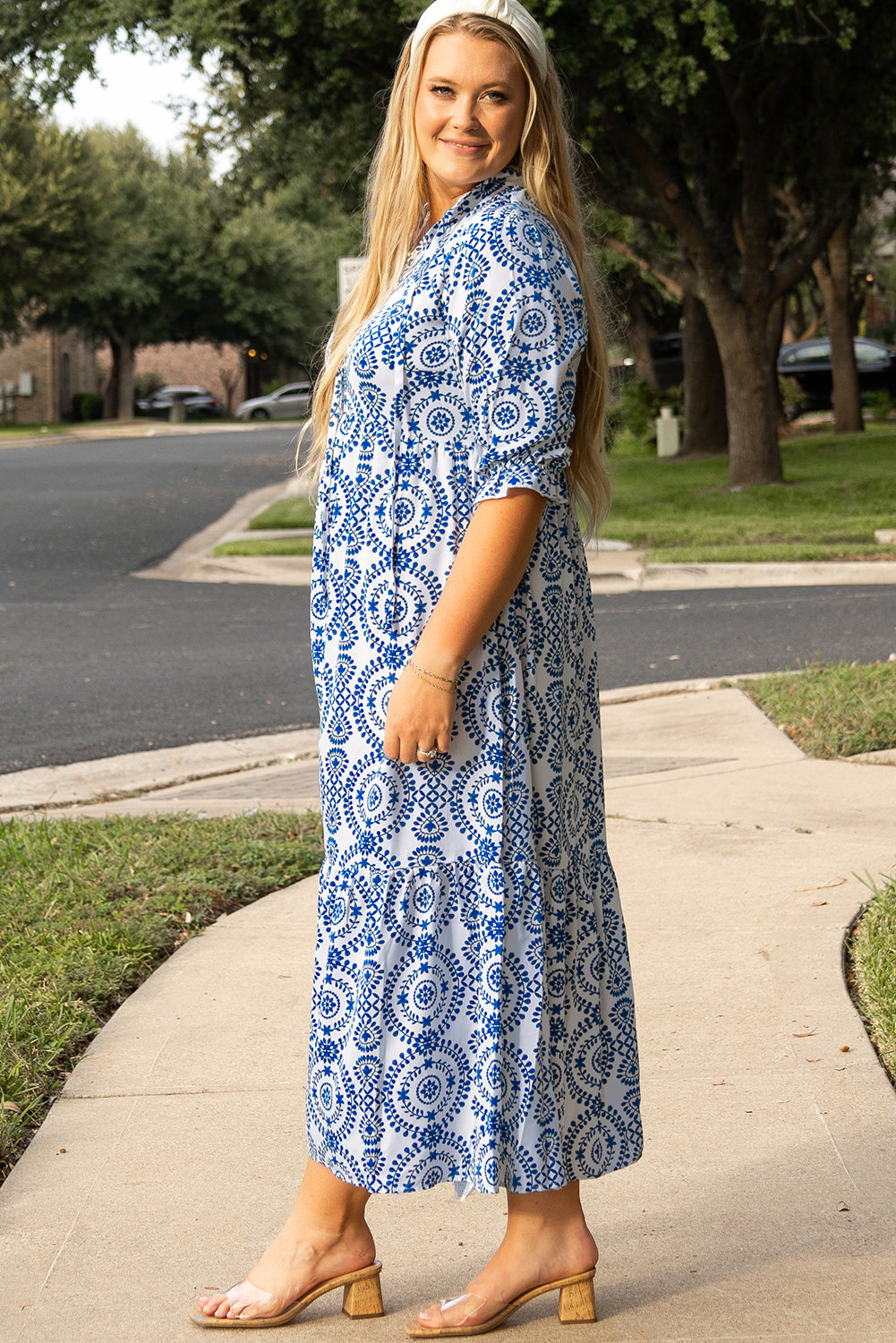 Plus Size Geometric Lace-up Maxi Dress