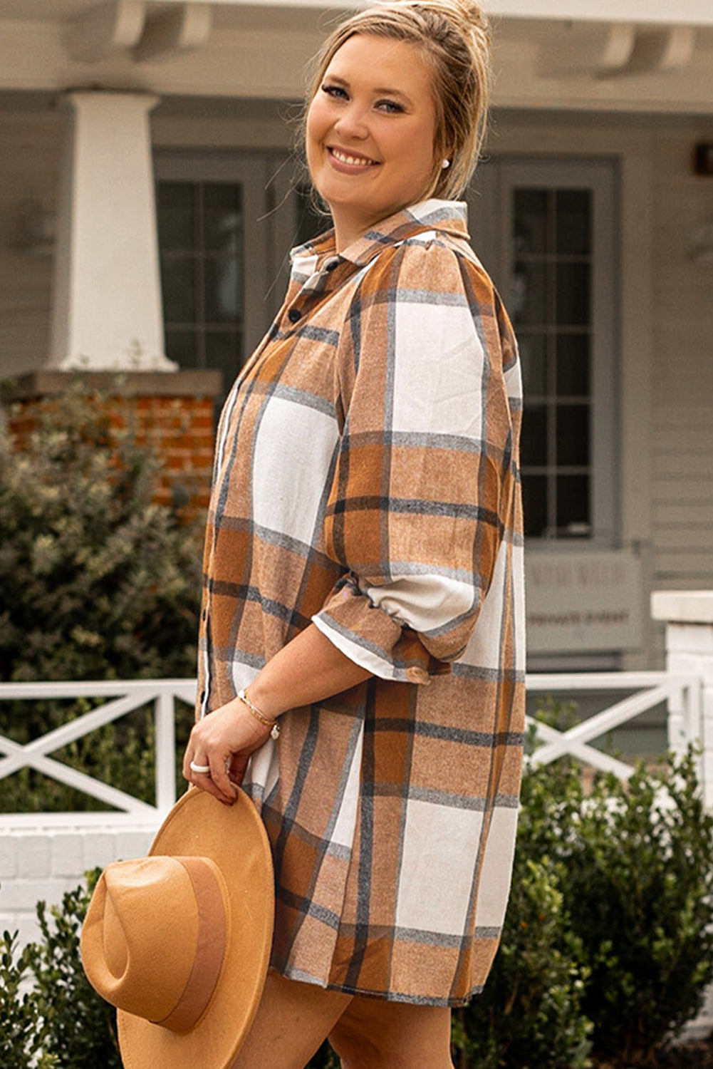 Plus Size Khaki Plaid Sleeve Shirt Dress