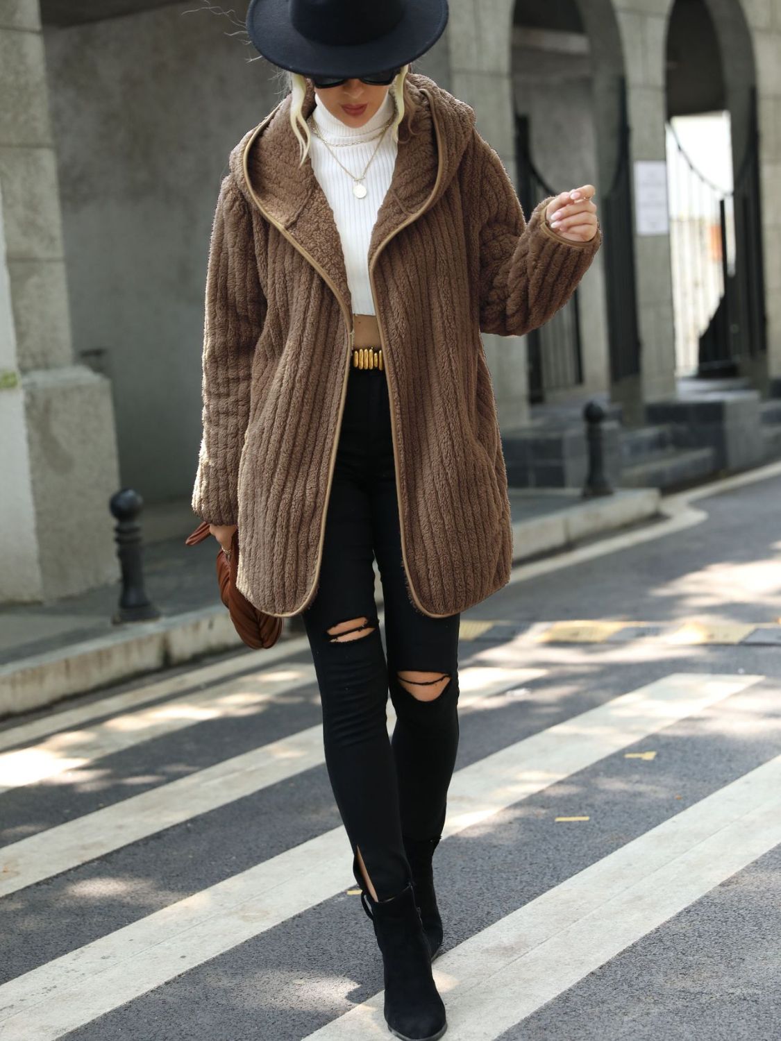 Open Ribbed Hooded Coat